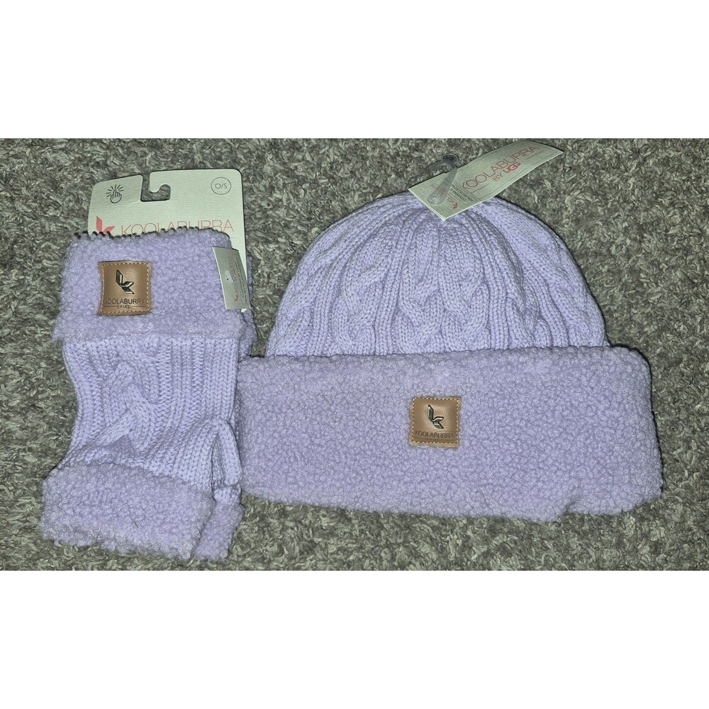 Women's Lavender Koolaburra Toboggan And Fingerless Gloves Cable Knit One...